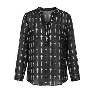 Toska Sheer Cross Print High Low Blouse 3/4 Sleeve Black Size Medium